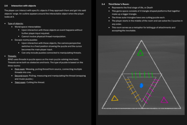 Two sample pages from the game design document I made for BIND.